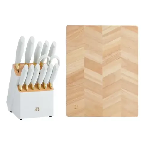 Draw Barrymore Juego de Cuchillos Blancos Y Dorados de 14 Pcs con Tabla de Madera