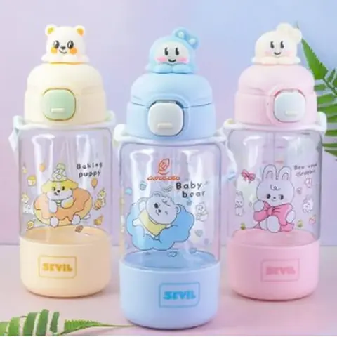 Botella de Agua con Pitillo con Diseño de Figuras Infantiles
