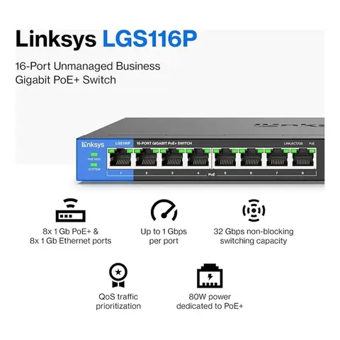 Linksys LGS116P 16-PORT Gigabit POE Switch
