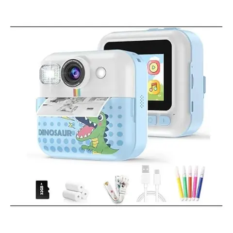Camara para Niños de Impresion Instantanea Color Azul con Diseño de Dinosaurio con 3 Rollos de Papel