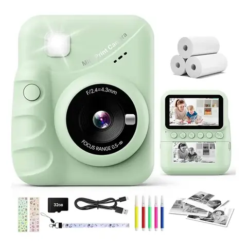 Camara de Impresion Instantanea Color Verde con 3 Rollos de Papel