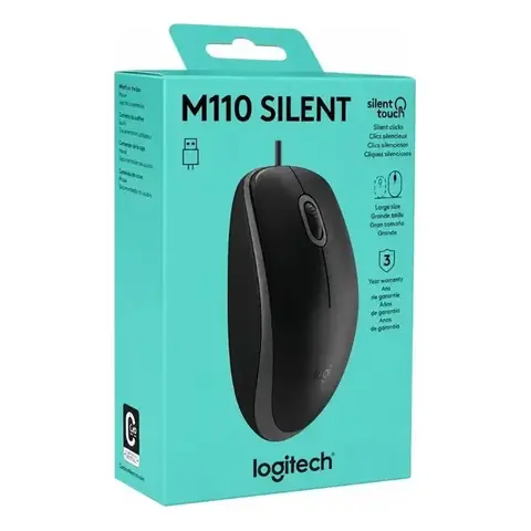 Logitech M110 Silent Mouse con Cable, Clics 90% MAS Silenciosos. Negro