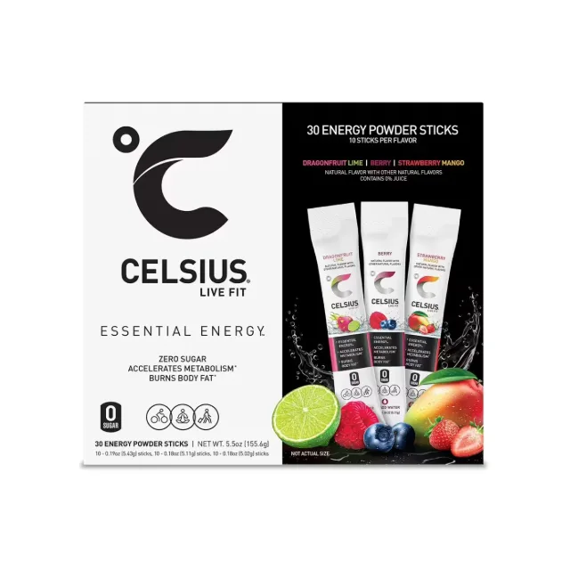 CELSIUS LIVE FIT ESSENTIAL ENERGY ZERO SUGAR POWDER STICKS VARIETY PACK, 30 SOBRES