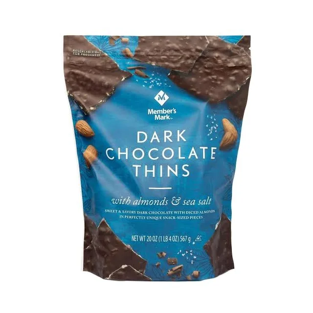 MEMBERS MARK DARK CHOCOLATE THINS WITH ALMONDS & SEA SALT, 20 OZ