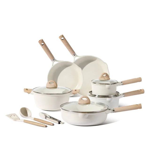 CAROTE JUEGO DE COCINA ANTIADHERENTE DE 19 PCS, OLLAS Y SARTENES DE GRANITO ANTIADHERENTE MANGO REMOVIBLES, WHITE CREAM